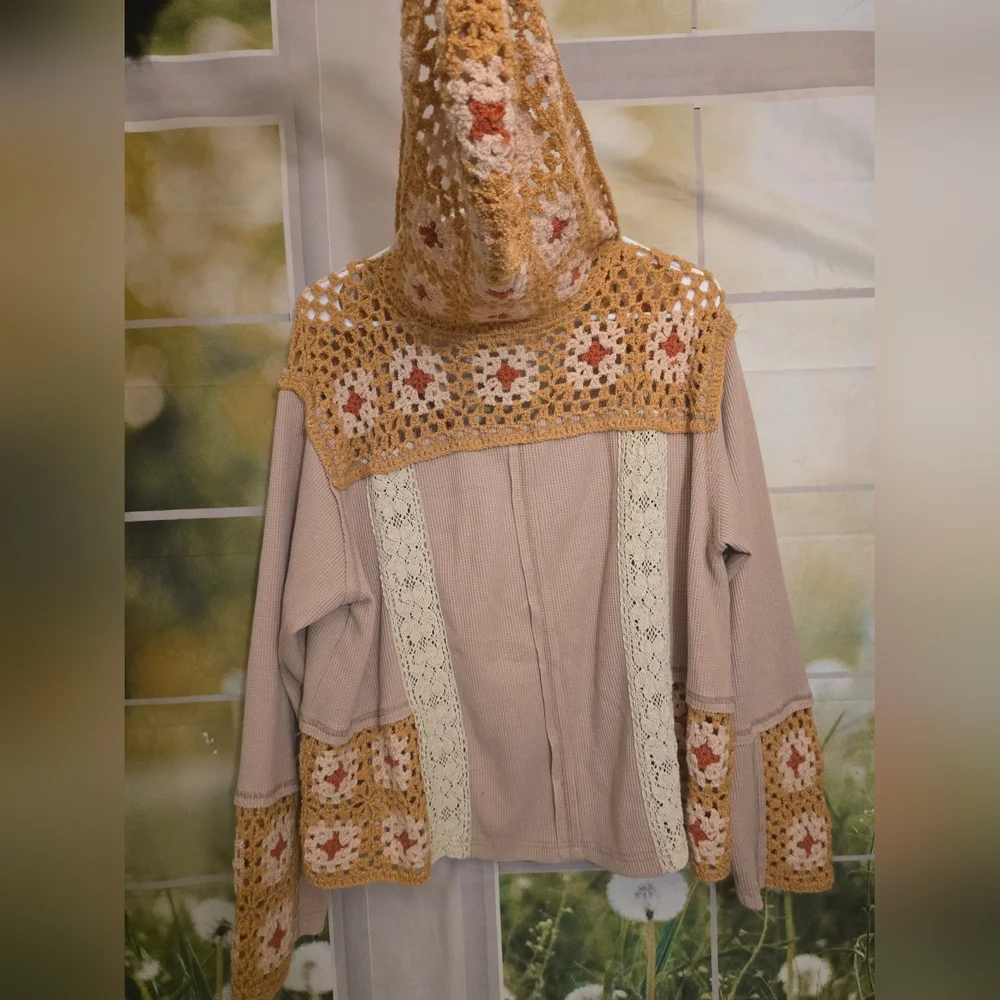 POL Oversized Waffle Knit Crochet Hoodie Top | Boho Lace Patchwork - Picture 3 of 4